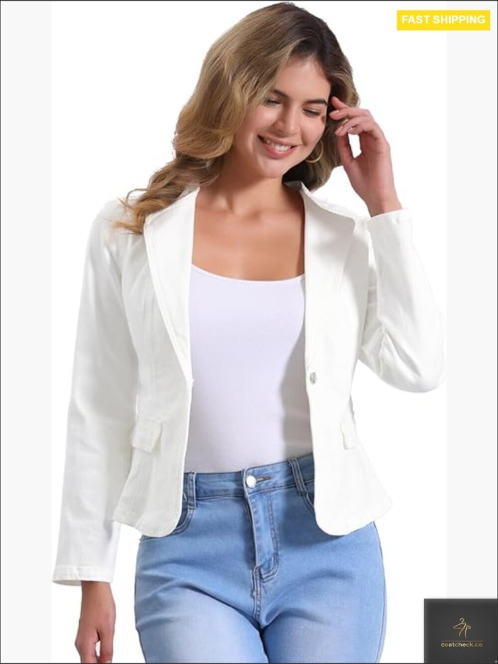 Cropped Denim Blazer Collarless Lightweight Stretchy Chic Casual Jacket